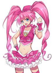 Rule 34 | 10s, 1girl, :d, blue eyes, brooch, chiroru (7450n), choker, cure melody, frilled skirt, frills, heart, houjou hibiki, jewelry, looking at viewer, magical girl, midriff, navel, open mouth, pink hair, precure, simple background, skirt, smile, solo, suite precure, twintails, white background
