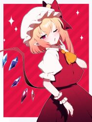 Rule 34 | 1girl, absurdres, ascot, blonde hair, blush, border, commentary request, crystal, dutch angle, flandre scarlet, flat chest, hair between eyes, hand up, hat, highres, index finger raised, low wings, mob cap, nail polish, one eye closed, one side up, open mouth, orange ascot, outline, outside border, purple eyes, red background, red nails, red skirt, red vest, short hair, short hair with long locks, simple background, skirt, skirt set, slit pupils, solo, sparkle, touhou, vest, white border, white outline, wing collar, wings, wrist cuffs, you (noanoamoemoe)
