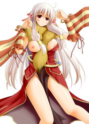 1girl areola_slip bad_id bad_pixiv_id breast_slip breasts detached_sleeves female_focus hair_ribbon legs long_hair one_breast_out professor_(ragnarok_online) ragnarok_online red_eyes ribbon scarf silver_hair simple_background solo theta_(ponkotsu_works) very_long_hair