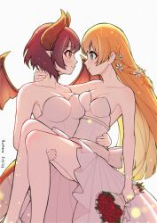 Rule 34 | 2023, 2girls, absurdres, anne (shingeki no bahamut), bare shoulders, blonde hair, blush, bouquet, braid, breast press, breasts, bride, brown wings, carrying, carrying person, cleavage, closed mouth, collarbone, commission, couple, dated, dragon girl, dragon horns, dragon tail, dragon wings, dress, eye contact, face-to-face, female focus, flower, french braid, granblue fantasy, grea (shingeki no bahamut), green eyes, hair between eyes, hair flower, hair ornament, highres, hime cut, holding, holding bouquet, horns, hug, large breasts, long hair, looking at another, manaria friends, medium breasts, multiple girls, pointy ears, princess carry, purple hair, red eyes, rose, ruinone, shingeki no bahamut, short hair, smile, strapless, strapless dress, tail, wedding, wedding dress, white dress, white flower, wife and wife, wings, yuri