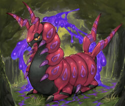 Rule 34 | antennae, black eyes, colored sclera, creatures (company), forest, full body, game freak, gen 5 pokemon, grass, green background, highres, looking at viewer, nature, nintendo, no humans, orange sclera, outdoors, pokemon, pokemon (creature), scolipede, sitting, slime (substance), slit pupils, solo, sumosamo, tree