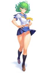 Rule 34 | 1girl, blue skirt, blue socks, breasts, curly hair, full body, green eyes, green hair, hands on own hips, highres, loafers, long legs, looking at viewer, medium breasts, mogudan, navel, one-punch man, panties, parted lips, pleated skirt, sailor collar, school uniform, shoes, short hair, short sleeves, simple background, skirt, socks, solo, standing, tatsumaki, thighs, underwear, white background, white panties