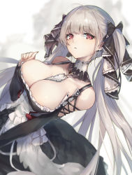 Rule 34 | 1girl, absurdres, azur lane, bare shoulders, between breasts, black dress, blush, breasts, cleavage, cruel gz, dress, earrings, formidable (azur lane), frilled dress, frills, grey hair, hair ornament, hair ribbon, hand up, head tilt, highres, jewelry, large breasts, long hair, long sleeves, looking at viewer, parted lips, red eyes, ribbon, simple background, solo, twintails, white background