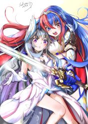 Rule 34 | 2girls, alear (female) (fire emblem), alear (fire emblem), blue hair, fire emblem, fire emblem engage, heterochromia, highres, magic, multiple girls, nintendo, non-web source, protecting, red hair, siblings, sisters, solo, sword, veyle (fire emblem), weapon