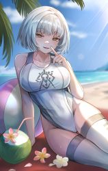 Rule 34 | 1girl, ball, beach, beachball, blue sky, breasts, cloud, coconut, day, girls&#039; frontline, highleg, highleg swimsuit, highres, large breasts, looking at viewer, moguta (moguta9), morridow (boss) (girls&#039; frontline), morridow (girls&#039; frontline), one-piece swimsuit, outdoors, palm tree, paradeus, short hair, silver hair, silver legwear, sitting, sky, solo, swimsuit, thighhighs, tree, white one-piece swimsuit, yellow eyes, yokozuwari