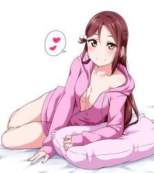Rule 34 | 10s, 1girl, bed sheet, blush, breasts, coat, collarbone, commentary request, drawstring, elbow rest, female focus, hair ornament, hairclip, half updo, heart, highres, hood, hooded jacket, jacket, long hair, long sleeves, love live!, love live! sunshine!!, lying, medium breasts, naked coat, no bra, on side, partially unzipped, pillow, pink jacket, reclining, red hair, sakurauchi riko, smile, solo, spoken heart, white background, yellow eyes, yopparai oni