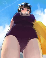 Rule 34 | 1girl, bad id, bad pixiv id, black hair, blue eyes, blue sky, blush, breasts, cloud, covered erect nipples, day, food, from below, goggles, goggles on head, huge breasts, mole, mole on thigh, monamin, mouth hold, one-piece swimsuit, original, popsicle, school swimsuit, short hair, sky, solo, swimsuit