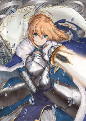 Rule 34 | 1girl, 3others, ahoge, armor, armored dress, artoria pendragon (all), artoria pendragon (fate), blonde hair, blue cape, blue dress, blurry, blurry foreground, braid, cape, cleavage cutout, clothing cutout, cowboy shot, dress, fate/stay night, fate (series), female focus, fur-trimmed cape, fur trim, gauntlets, glowing, glowing sword, glowing weapon, gorget, green eyes, grey background, hair between eyes, highres, holding, holding weapon, knight, long hair, multiple others, outstretched arm, people, rain, saber (fate), saber lily, short hair, solo focus, sword, tareme, v-shaped eyebrows, warrior, water drop, weapon, white fur