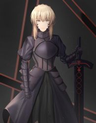 Rule 34 | 1girl, absurdres, armor, armored dress, artoria pendragon (all), artoria pendragon (fate), black background, black dress, blonde hair, braid, breastplate, dark persona, dress, excalibur morgan (fate), expressionless, facial mark, fate/stay night, fate (series), french braid, gauntlets, highres, hwa n01, looking at viewer, planted, planted sword, planted weapon, saber alter, solo, sword, weapon, yellow eyes