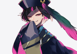 Rule 34 | 1boy, alternate costume, asymmetrical bangs, black hair, fangs, halloween costume, hat, highres, komura, lilia vanrouge, long sleeves, looking at viewer, male focus, multicolored hair, open mouth, pink hair, pointy ears, red eyes, short hair, sleeves past wrists, smile, solo, twisted wonderland, two-tone hair, white background