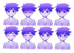 Rule 34 | 1boy, blush, bright pupils, closed eyes, closed mouth, collarbone, expressions, facing viewer, grin, hero (headspace) (omori), hero (omori), highres, looking at viewer, omori, pajamas, parted lips, purple eyes, purple hair, scared, short hair, smile, teeth, thxzmgn, white pupils