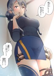 Rule 34 | 1girl, :q, blue eyes, blue hair, blue shirt, blue skirt, blue thighhighs, blush, breasts, from below, gloves, gotland (kancolle), gotland andra (kancolle), hair between eyes, hair bun, half gloves, highres, kantai collection, large breasts, masago (rm-rf), miniskirt, mole, mole under eye, shirt, single hair bun, skirt, smile, solo, speech bubble, thighhighs, tongue, tongue out, translation request, white gloves