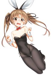 Rule 34 | 10s, 1girl, animal ears, bare shoulders, black footwear, black leotard, black pantyhose, black ribbon, bow, bowtie, breasts, brown eyes, brown hair, cleavage, collarbone, commentary request, detached collar, fake animal ears, fingernails, full body, girls und panzer, glasses, hair ribbon, hatakenaka (kamagabuchi), highres, japanese clothes, jumping, kimono, leotard, nail polish, oono aya, open mouth, pantyhose, pink nails, playboy bunny, rabbit ears, rabbit girl, red bow, red bowtie, ribbon, rimless eyewear, round eyewear, shoes, side-tie leotard, simple background, small breasts, solo, strapless, strapless leotard, tareme, thigh gap, twintails, white background, wrist cuffs
