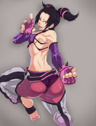 Rule 34 | 1girl, absurdres, ass, bare shoulders, barefoot, black hair, breasts, capcom, chinese clothes, covered erect nipples, detached sleeves, drill hair, dudou, elbow gloves, feet, fingerless gloves, gloves, halterneck, han juri, highres, kouta77, looking back, muscular, purple eyes, short hair, sideboob, soles, spikes, stirrup legwear, street fighter, street fighter iv (series), toeless legwear, tongue, twin drills, twintails