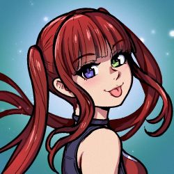 Rule 34 | 1girl, akairiot, aqua background, blue eyes, commission, from side, gradient background, green eyes, heterochromia, long hair, looking at viewer, original, portrait, red hair, sidelocks, smile, solo, tongue, tongue out, twintails