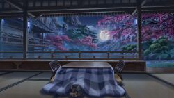 Rule 34 | architecture, chair, cherry blossoms, cloud, commentary, cushion, dobermann, dog, east asian architecture, english commentary, flower, full moon, grass, highres, indie utaite, kotatsu, lantern, moon, mountain, night, no humans, official art, pink flower, railing, scenery, shijohane, table, tatami, tree, under kotatsu, under table, unnamed (utaite), veranda