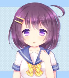Rule 34 | 1girl, ahoge, blue background, blue skirt, blush, bow, caramel (caramelmilk), collarbone, commentary request, copyright request, diagonal stripes, hair between eyes, hair ornament, hairclip, hand up, looking at viewer, parted lips, polka dot, polka dot background, purple eyes, purple hair, shirt, short sleeves, skirt, smile, solo, striped, striped bow, two-tone background, white shirt, yellow bow