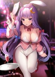 Rule 34 | 1girl, animal ears, blush, breasts, covered navel, crescent, crescent hair ornament, cup, detached collar, drinking glass, fake animal ears, hair ornament, high heels, highres, large breasts, leotard, long hair, long sleeves, open mouth, pantyhose, patchouli knowledge, playboy bunny, purple eyes, purple hair, rabbit ears, red footwear, ruhika, solo, touhou, tray, white leotard, white pantyhose, wine glass