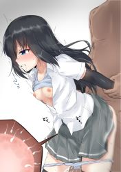 Rule 34 | 1boy, 1girl, asashio (kancolle), black hair, blue eyes, breasts, breasts out, clothed female nude male, dark-skinned male, dark skin, faceless, faceless male, fertilization, grey panties, hetero, highres, impregnation, kantai collection, long hair, nipples, nude, ovum, panties, panty pull, rokosu (isibasi403), saliva, saliva trail, sex, small breasts, solo focus, tearing up, thighhighs, underwear, vaginal