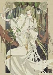 Rule 34 | 1boy, affectionate, androgynous, border, enkidu (fate), fate/strange fake, fate (series), feet out of frame, flower, green eyes, green hair, half-closed eyes, highres, long hair, long sleeves, male focus, nature, ornate border, petori1902, plant, robe, sitting on branch, smile, solo, standing, very long hair, white robe, wide sleeves