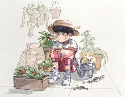 Rule 34 | 1boy, black hair, blush, brown hat, closed mouth, commentary, dirt, english commentary, full body, gym uniform, hanging plant, hat, kageyama shigeo, male focus, mob psycho 100, mp100days, pants, paper texture, plant, potted plant, red pants, shirt, shoes, short hair, short sleeves, simple background, sitting, smile, sneakers, solo, trowel, watering can, white background, white footwear, white shirt