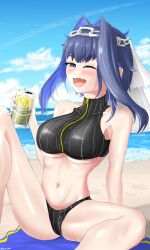 Rule 34 | 1girl, absurdres, aquaticlettuce, beach, blue eyes, blue hair, blue nails, blue sky, blush, bra, breasts, can, chain, cloud, commentary, drink, drunk, english commentary, hair intakes, highres, holding, holding can, hololive, hololive english, large breasts, looking at viewer, navel, one eye closed, open mouth, ouro kronii, shiny skin, signature, sitting, sky, smile, spread legs, stomach, sweat, swimsuit, towel, underboob, underwear, virtual youtuber, water, wet, zipper