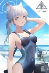 Rule 34 | 1girl, absurdres, animal ears, arm up, bag, bare shoulders, blue archive, blue eyes, breasts, cleavage, competition swimsuit, earrings, grey hair, hair ornament, hairpin, halo, highleg, highleg swimsuit, highres, jewelry, looking at viewer, mismatched pupils, navel, one-piece swimsuit, ponytail, shiroko (blue archive), skin tight, skindentation, solo, swimsuit, thighs, toki (rumukio), white hair