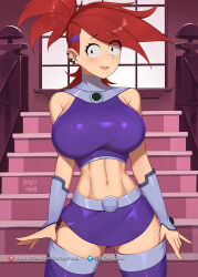 Rule 34 | 1girl, adjusting clothes, adjusting legwear, arms at sides, artist name, bare shoulders, barleyshake, belt, breasts, contrapposto, cosplay, covered navel, cowboy shot, crop top, dc comics, earrings, foster&#039;s home for imaginary friends, frankie foster, hair ornament, hairclip, high collar, highres, indoors, jewelry, large breasts, linea alba, long bangs, long hair, looking at viewer, midriff, miniskirt, multiple earrings, open mouth, ponytail, red hair, skirt, smile, solo, stairs, starfire, starfire (cosplay), teen titans, thighhighs, toon (style), twitter logo, vambraces, zettai ryouiki