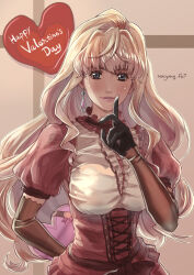 Rule 34 | 1girl, arm behind back, artist name, black gloves, blonde hair, blue eyes, box, breasts, dress, earrings, elbow gloves, finger to mouth, gloves, happy valentine, heart, heart-shaped box, highres, holding, holding box, jewelry, long hair, looking at viewer, macross, macross frontier, medium breasts, parted lips, pink dress, puffy short sleeves, puffy sleeves, ryu (masu nantoka-san), sheryl nome, short sleeves, shushing, single earring, smile, solo, valentine, very long hair