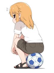 Rule 34 | 1girl, absurdres, ass, ball, eyelashes, flat chest, hair between eyes, highres, idolmaster, idolmaster cinderella girls, idolmaster cinderella girls u149, korean commentary, looking at viewer, medium hair, notice lines, orange hair, pelican (s030), purple eyes, sandals, shorts, sidelocks, simple background, sitting, sitting on object, soccer ball, solo, white background, yuuki haru