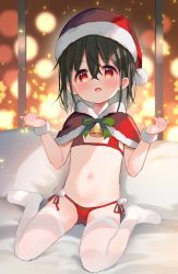 Rule 34 | 1girl, :d, absurdres, bell, bikini, black hair, blush, bow, capelet, christmas, commentary, fur-trimmed capelet, fur-trimmed headwear, fur trim, green bow, hair between eyes, hands up, hat, highres, meito (maze), navel, no shoes, open mouth, original, pillow, red bikini, red capelet, red eyes, red hat, santa hat, side-tie bikini bottom, sitting, smile, solo, swimsuit, symbol-only commentary, thighhighs, wariza, white thighhighs