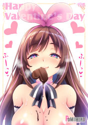Rule 34 | 1girl, aqua eyes, arm warmers, artist name, bare shoulders, blush, bow, bowtie, breasts, brown hair, candy, chocolate, chocolate heart, english text, food, food in mouth, hair bow, half-closed eyes, happy valentine, heart, heart-shaped pupils, heavy breathing, idol, kizuna ai, kizuna ai inc., large breasts, long hair, looking at viewer, melting, multicolored hair, nipples, pink bow, pink hair, pomimiko, simple background, smile, streaked hair, symbol-shaped pupils, text focus, topless, two-tone hair, valentine, very long hair, virtual youtuber, white background