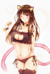 Rule 34 | 10s, 1girl, alti meizi, animal ears, arm behind back, bell, black panties, black thighhighs, blush, breasts, brown hair, cat ears, cat lingerie, cat tail, cleavage, cleavage cutout, clenched hand, closed mouth, clothing cutout, collar, collarbone, contrapposto, fake animal ears, highres, iki hiyori, large breasts, long hair, meme attire, neck bell, noragami, one eye closed, panties, paw pose, pink eyes, side-tie panties, solo, standing, tail, thighhighs, underwear, wavy mouth