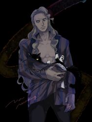 Rule 34 | 1boy, almostghost, animal, black background, black cat, black pants, blonde hair, blue eyes, cat, closed mouth, formal, highres, hinrigh biganduffno, holding, holding animal, holding cat, hunter x hunter, long hair, looking to the side, mafia, male focus, no shirt, pants, signature, solo, striped suit, suit