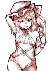 Rule 34 | 1girl, arm behind back, arm up, ascot, bad id, bad pixiv id, bare shoulders, breasts, cowboy shot, fang, flandre scarlet, hair between eyes, hat, highres, kz oji, long hair, looking at viewer, mob cap, monochrome, navel, open mouth, pointy ears, side ponytail, simple background, slit pupils, small breasts, smile, solo, thigh gap, touhou, white background, wristband