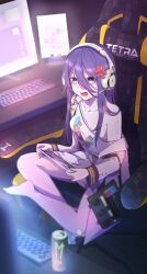 Rule 34 | 1girl, absurdres, angry, bags under eyes, black choker, black hair, black nails, chair, choker, crossed legs, dezi, exia (nikke), feet, game controller print, gaming chair, goddess of victory: nikke, hair between eyes, handheld game console, headphones, headset, highres, holding, holding handheld game console, jacket, long hair, monster energy, nail polish, off shoulder, open clothes, open jacket, open mouth, playing games, purple eyes, shirt, sidelocks, sitting, solo, swivel chair, white jacket, white shirt