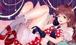 Rule 34 | 1girl, bad id, bad pixiv id, bloomers, bobby socks, brown eyes, brown hair, candy, food, frilled socks, frills, gloves, hand on own face, high heels, jelly bean, lollipop, lying, macaron, mary janes, midriff, necktie, one eye closed, original, polka dot, shoes, smile, socks, solo, somaline, striped clothes, striped socks, underwear, vertical-striped clothes, vertical-striped socks, wink