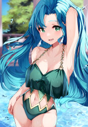 Rule 34 | 1girl, absurdres, alternate costume, arm up, armpits, bare shoulders, blue hair, breasts, chloe (fire emblem), clothing cutout, earrings, fire emblem, fire emblem engage, green eyes, highres, jewelry, large breasts, long hair, looking at viewer, midriff, navel, nintendo, risumi (taka-fallcherryblossom), solo, swimsuit, water, water drop