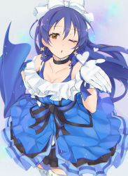 Rule 34 | 10s, 1girl, black neckwear, blowing kiss, blue bra, blue dress, bow, bra, breasts, brown eyes, chestnut mouth, choker, cleavage, collarbone, dress, earrings, frilled dress, frills, gloves, hair bow, heart, highres, jewelry, kira-kira sensation!, long hair, looking at viewer, love live!, love live! school idol project, makita (twosidegekilove), medium breasts, off shoulder, one eye closed, sash, solo, sonoda umi, thighhighs, underwear, very long hair, white gloves, white thighhighs, zettai ryouiki