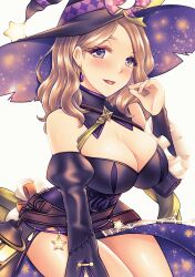 Rule 34 | 1girl, absurdres, alternate costume, asa (asakisafe1), asakisafe1, bare shoulders, blonde hair, blush, breasts, cleavage, earrings, fangs, female focus, fire emblem, fire emblem: three houses, halloween, hat, highres, jewelry, large breasts, long hair, mercedes von martritz, nintendo, simple background, sitting, solo, thighs, white background