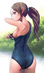 Rule 34 | 1girl, agira, ass, breasts, brown eyes, brown hair, from behind, hair ornament, hairclip, long hair, looking back, medium breasts, outdoors, ponytail, school swimsuit, sideboob, solo, strap pull, swimsuit, wet