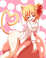 Rule 34 | 1girl, animal ears, ass, blonde hair, blush, bottomless, breasts, cat ears, cat tail, dress shirt, fang, hair ribbon, heart, heart-shaped pupils, heart tail, highres, long sleeves, naked shirt, no bra, open clothes, open mouth, open shirt, red eyes, ribbon, roro (sghona10), rumia, shirt, short hair, smile, solo, symbol-shaped pupils, tail, touhou, white shirt