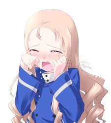 Rule 34 | 1girl, bc freedom military uniform, blonde hair, blue jacket, blue vest, blush, crying, drill hair, closed eyes, girls und panzer, high collar, highres, jacket, kuzuryuu kennosuke, long hair, long sleeves, marie (girls und panzer), one-hour drawing challenge, open mouth, simple background, solo, tears, teeth, tongue, vest, white background, wiping tears