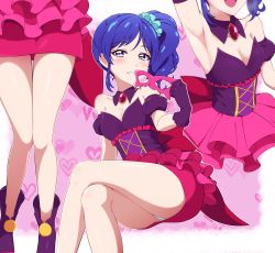 Rule 34 | 1girl, acchi (koiyimknp), aikatsu!, aikatsu! (series), armpits, bare shoulders, blue eyes, blue hair, blush, boots, breasts, cleavage, collarbone, crossed legs, detached collar, eyelashes, gloves, heart, heart-shaped pupils, highres, kiriya aoi, looking at viewer, multiple views, outside border, panties, pantyshot, parted lips, pink background, pom pom (clothes), purple gloves, side ponytail, sitting, small breasts, smile, sweatdrop, symbol-shaped pupils, thighs, underwear, white panties