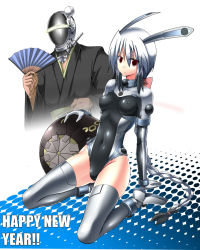 Rule 34 | 1boy, 1girl, akavit, animal ears, armored core, armored core 4, breasts, covered erect nipples, from software, full body, gradient background, halftone, halftone background, hand fan, japanese clothes, looking at viewer, ment, pilotsuit, ponytail, rabbit ears, short hair, small breasts, sol dios, white background