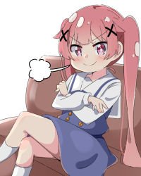 Rule 34 | &gt;:), 1girl, blue dress, blush, closed mouth, commentary request, couch, crossed legs, dress, feet out of frame, hair ornament, highres, kapuru 0410, long hair, long sleeves, on couch, pink hair, purple eyes, school uniform, shirt, simple background, sitting, smile, smug, socks, solo, tanemura koyori, twintails, v-shaped eyebrows, very long hair, watashi ni tenshi ga maiorita!, white background, white shirt, white socks, x hair ornament