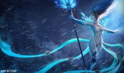 Rule 34 | blizzard, blue hair, breasts, janna (league of legends), league of legends, long hair, nipples, nude, nude filter, pussy, staff, third-party edit, tiara, uncensored