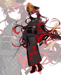 1girl black_kimono brown_hair crest family_crest fate/grand_order fate_(series) flower full_body gradient_hair hat high_heels highres holding holding_sword holding_weapon japanese_clothes katana kimono long_hair long_sleeves looking_at_viewer military_hat multicolored_hair oda_nobunaga_(fate) oda_nobunaga_(koha-ace) oda_uri peaked_cap red_eyes red_hair sash scabbard sheath solo sword very_long_hair weapon wisteria wisteria_print yui_(tamagohan)