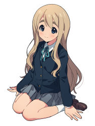 Rule 34 | 1girl, arm support, arms at sides, asada hachi, banned artist, black jacket, blazer, blonde hair, blue eyes, blue ribbon, blush, brown footwear, closed mouth, collared shirt, commentary, full body, grey skirt, highres, jacket, k-on!, kotobuki tsumugi, loafers, long hair, long sleeves, looking at viewer, miniskirt, neck ribbon, pleated skirt, ribbon, sakuragaoka high school uniform, school uniform, shirt, shoes, simple background, sitting, skirt, smile, socks, solo, thick eyebrows, twitter username, very long hair, wariza, watermark, white background, white shirt, white socks