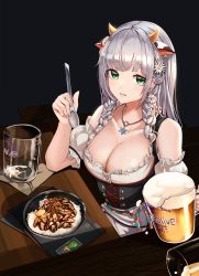 Rule 34 | 1girl, alcohol, animal ears, anizi, bare shoulders, beer, blush, bowl, braid, breasts, cleavage, collarbone, corset, cow ears, cow horns, cup, detached sleeves, drinking glass, ear tag, elbow rest, flower, foam, food, from above, german clothes, green eyes, grey hair, hair flower, hair ornament, highres, holding, holding cup, holding spoon, hololive, horns, large breasts, long hair, looking at viewer, official alternate costume, parted lips, rice, rice bowl, shirogane noel, shirogane noel (dirndl), sitting, snowflake necklace, solo, spoon, table, tray, twin braids, virtual youtuber
